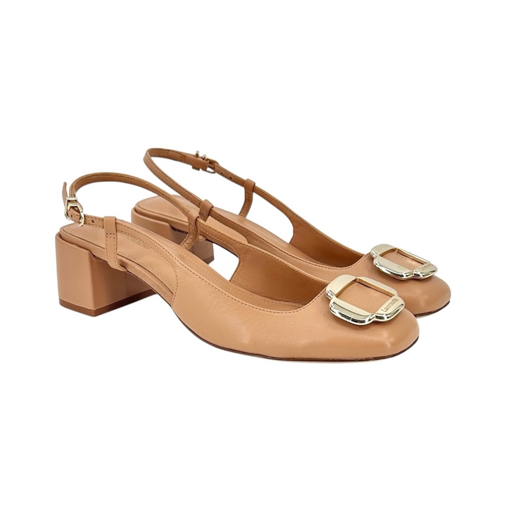 Larroude Maria Tan Camel Leather Slingback Block Heels sz 8.5